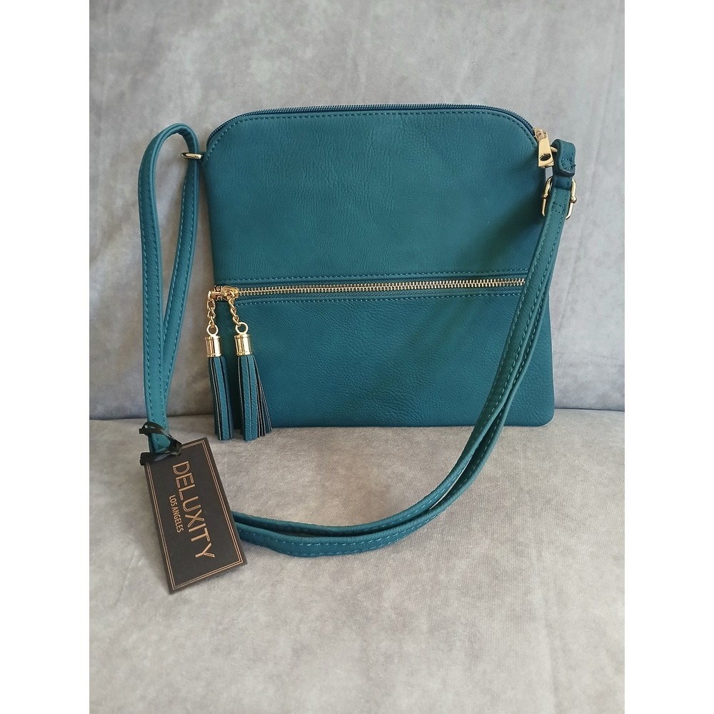 Deluxity Los Angeles Teal Vegan Leather Crossbody Bag Tassel Zip Front NEW